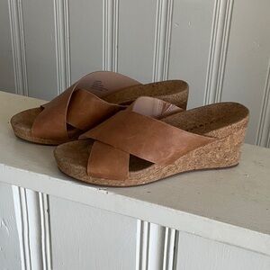 Lucky Brand Kilinda Leather Cork Platform Wedge Sandals sz 6.5 Nude Tan Brown Cr